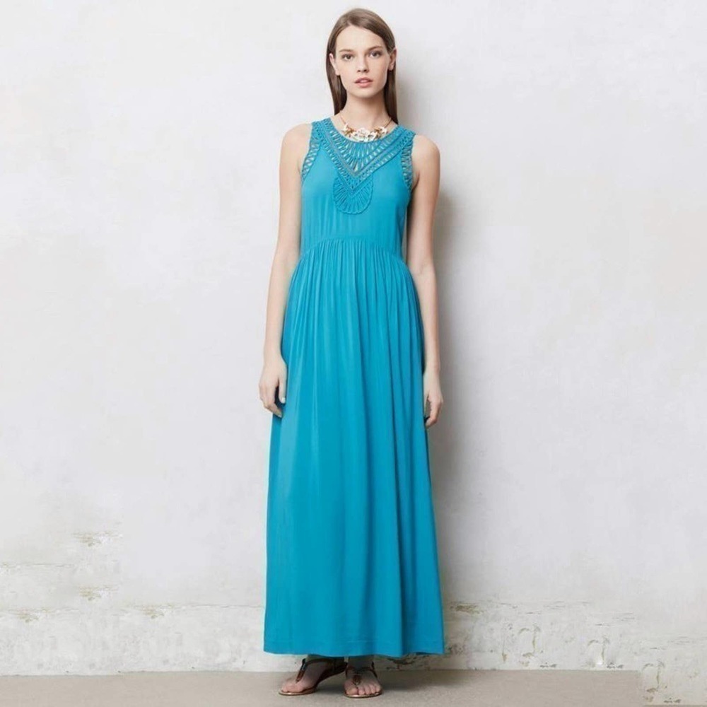 ANTHROPOLOGIE Mermaid Teal Macrame Maxi Dress Size Small